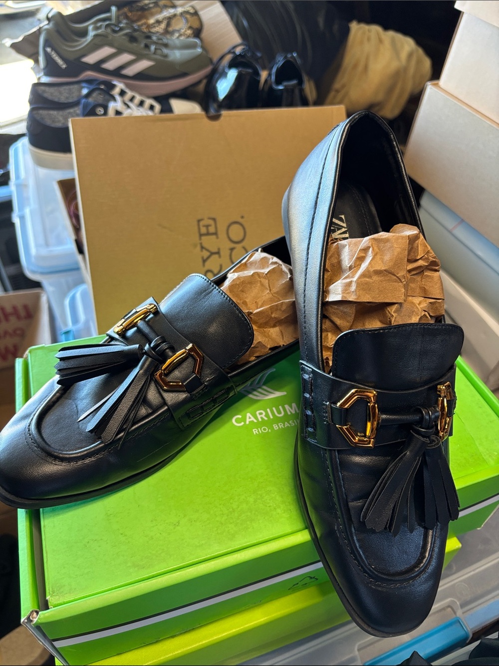Women’s Black Leather Tassel Loafers with Gold Hardware / Zara